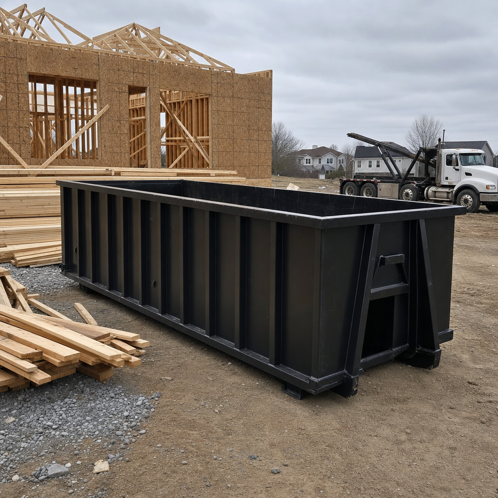 Matte-black 40-yard roll-off dumpster staged on a framed-out residential construction site in Rialto, framing lumber stacked nearby, hooklift delivery truck visible in the background under bright Colorado daylight