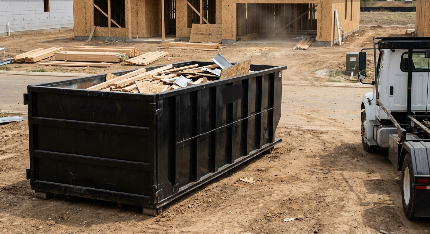 Matte-black 20-yard roll-off construction dumpster with heavy ribbed steel sidewalls and swing rear doors at a working jobsite in Rialto, sitting directly on compacted dirt with an unmarked white hauler partially visible at the far edge of the frame.