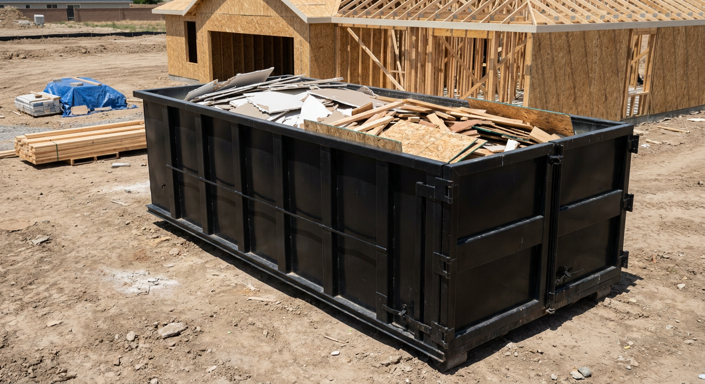 Matte-black 30-yard roll-off construction dumpster sitting directly on the compacted-dirt site of a framed single-family home build in Rialto, drywall and lumber scrap loaded inside.