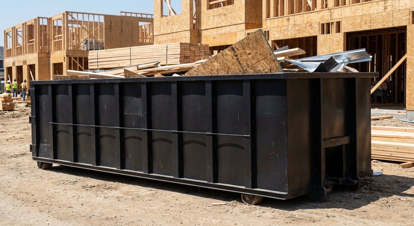 Matte-black 40-yard roll-off construction dumpster being lowered from a white-cab hooklift delivery truck onto the compacted-dirt jobsite at a commercial build site in Rialto
