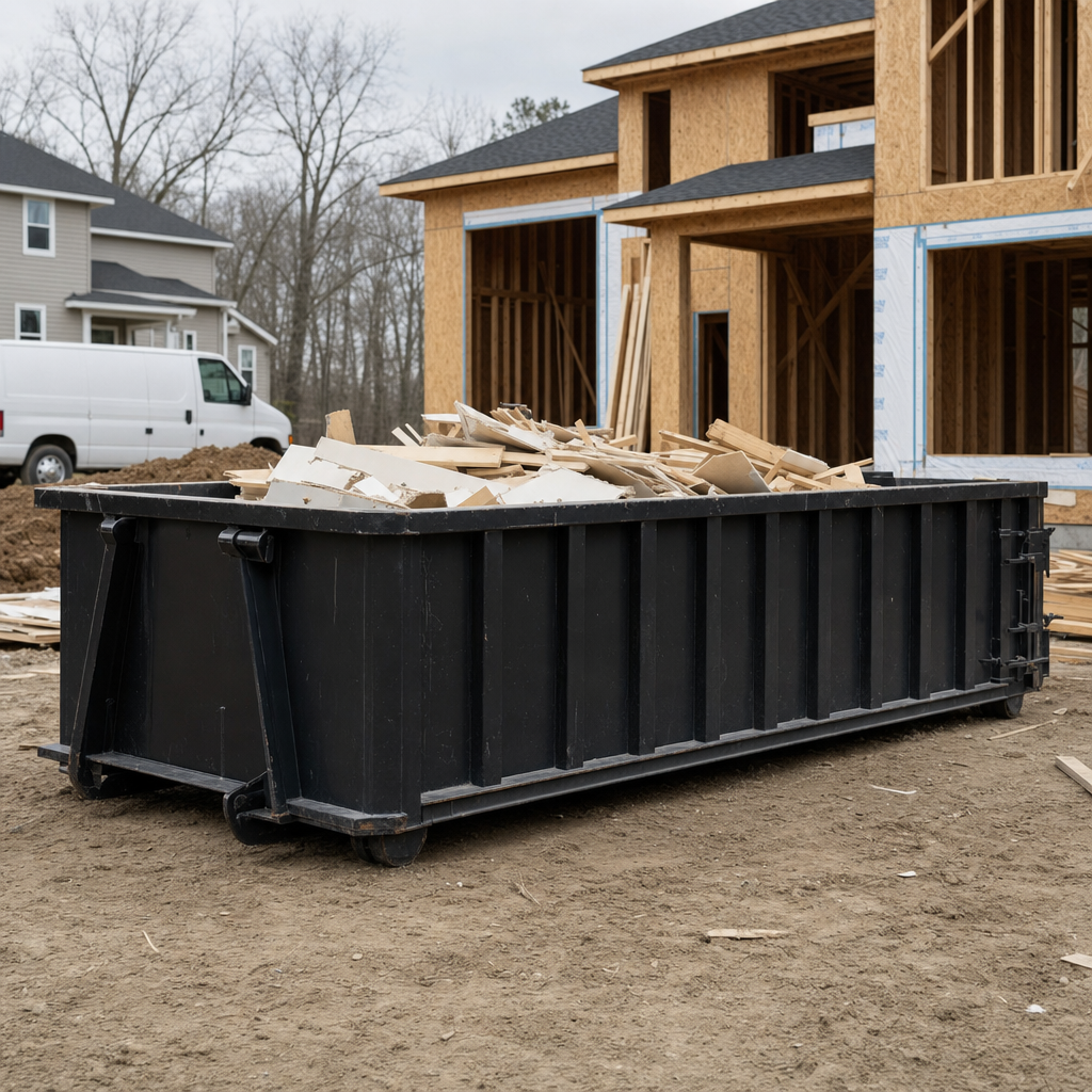 Worker in a yellow high-visibility vest tossing framing lumber and broken drywall into a matte-black 30-yard construction roll-off dumpster on an active build site in Rialto, bright daylight