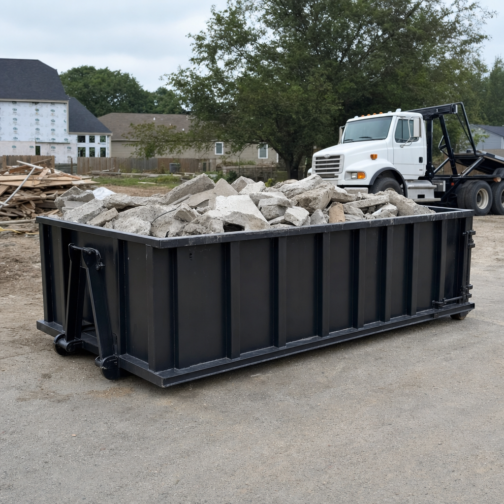 Low-profile matte-black lowboy roll-off dumpster loaded with broken concrete slab and rebar at a foundation tear-out in Rialto, skid steer parked beside it, sunny Colorado morning