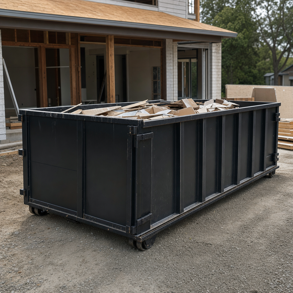 Large matte-black 30-yard construction roll-off dumpster at an active Rialto jobsite, steel-gray top rails and bottom rollers visible, loaded with construction debris.