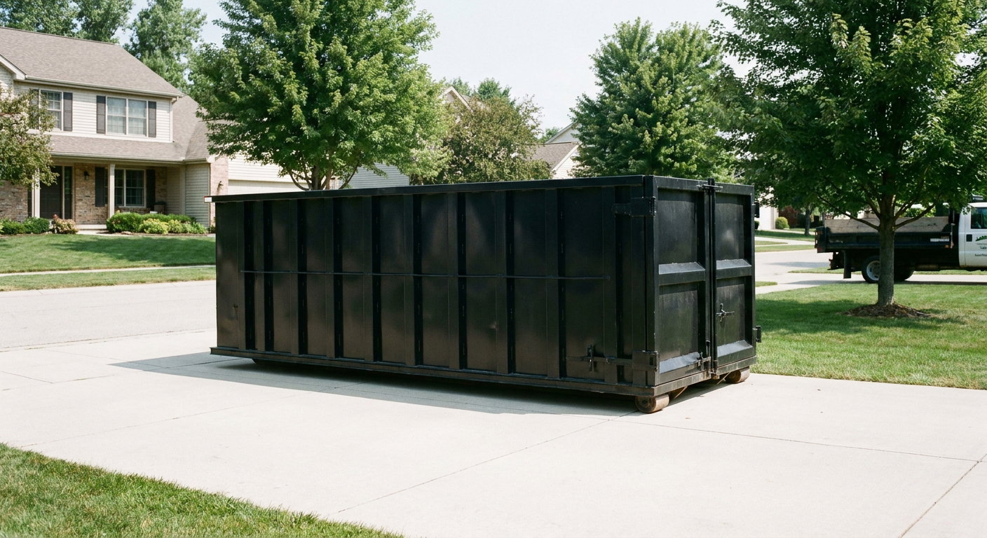 Matte-black 20-yard roll-off dumpster sitting level on a clean Rialto residential concrete driveway under bright daylight, demonstrating clean placement directly on the concrete.