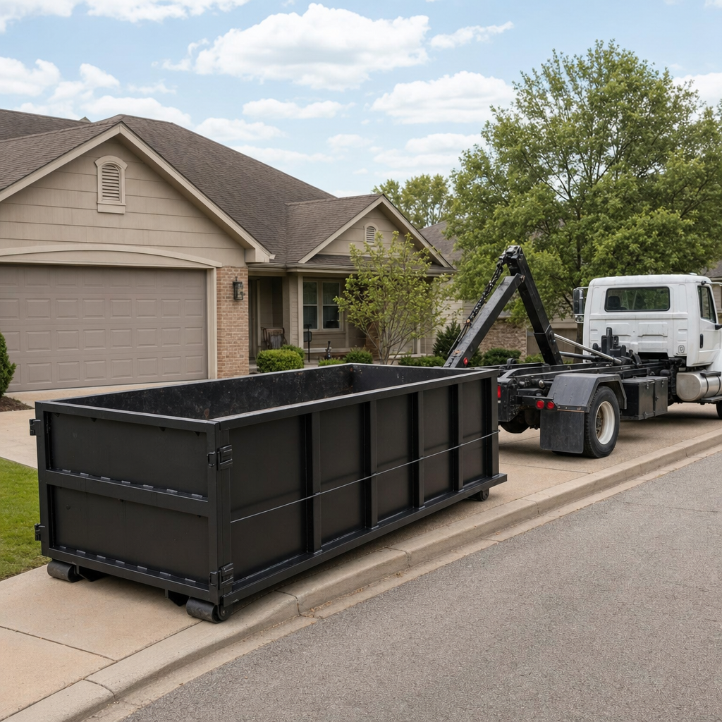 Wide documentary shot of a matte-black roll-off dumpster on a Rialto residential driveway in the foreground and a contractor jobsite container in the soft-focus background, bright daylight, calm and orderly composition.