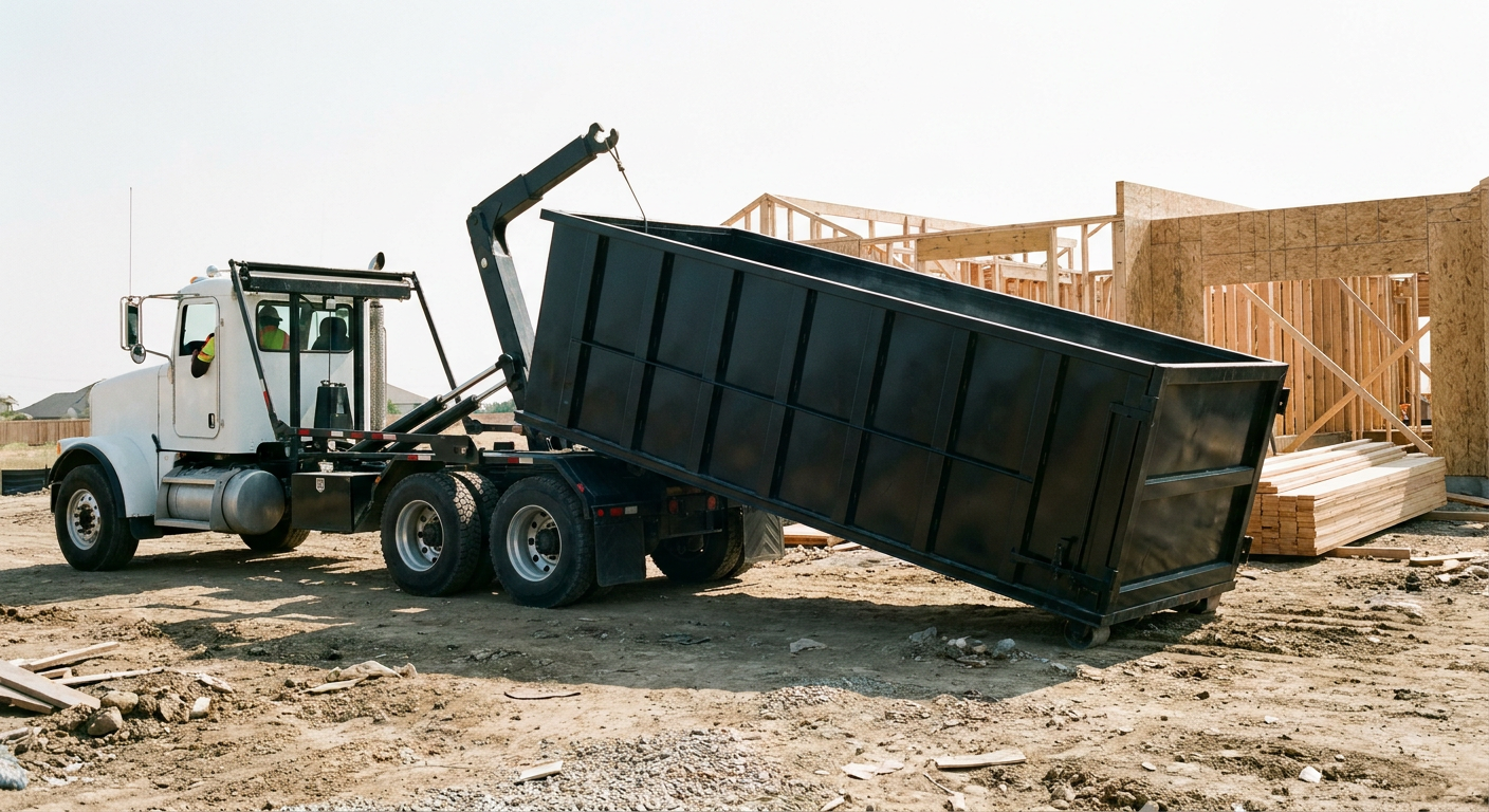 Matte-black roll-off dumpster being delivered onto a clean residential concrete driveway in Rialto by an unmarked white hooklift hauler truck, bright morning daylight, documentary 35mm perspective.