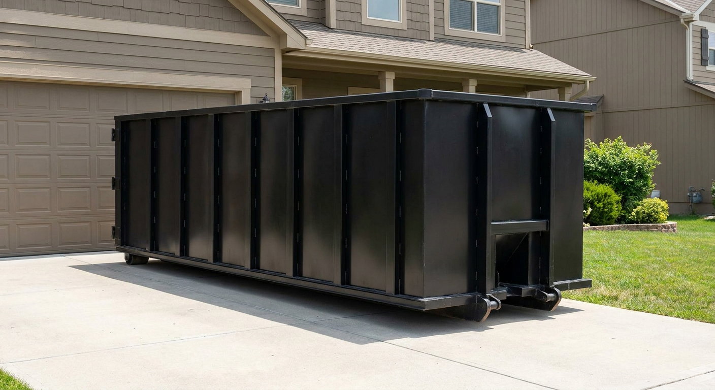 Matte-black residential roll-off dumpster sitting directly on a suburban Rialto concrete driveway, garage door closed, single-family home in background, bright morning daylight.