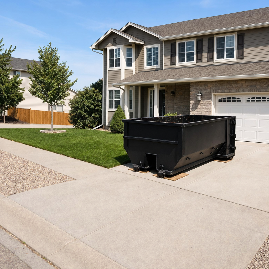 10-yard matte-black residential dumpster placed directly on a narrow Rialto concrete driveway, room remains for a parked sedan beside it, mid-morning natural light