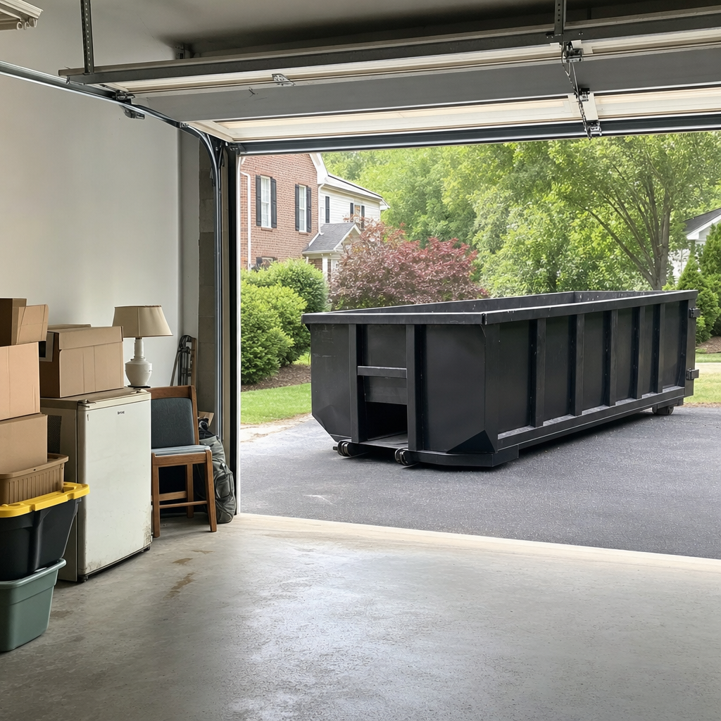 Open garage interior in a Rialto home mid-cleanout — boxed items, an old appliance, and stacked yard tools queued near the driveway for a matte-black roll-off dumpster, organized and calm