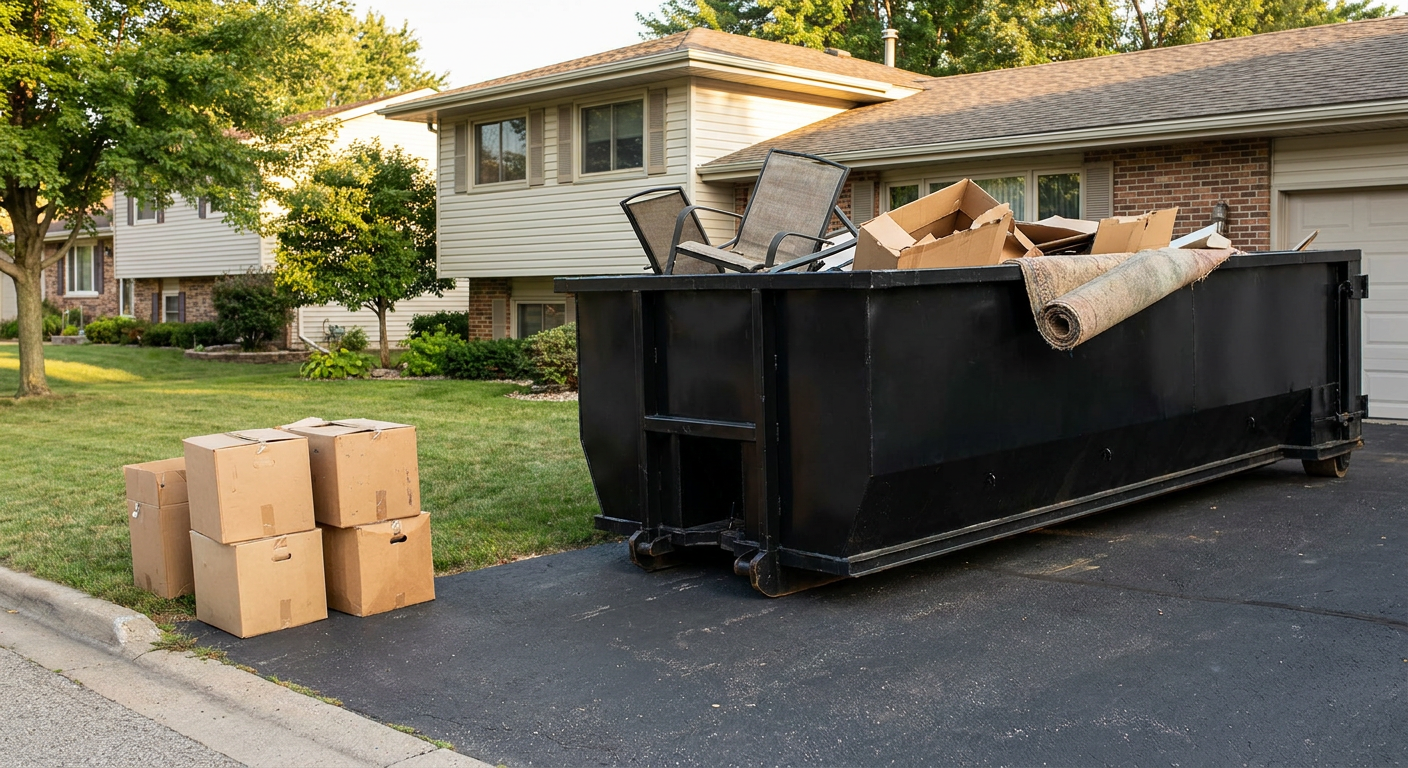 Front-yard view of a Rialto split-level home with a 20-yard matte-black roll-off dumpster sitting directly on the asphalt driveway, a few clearly labeled donation boxes staged at the curb, calm sunny afternoon.