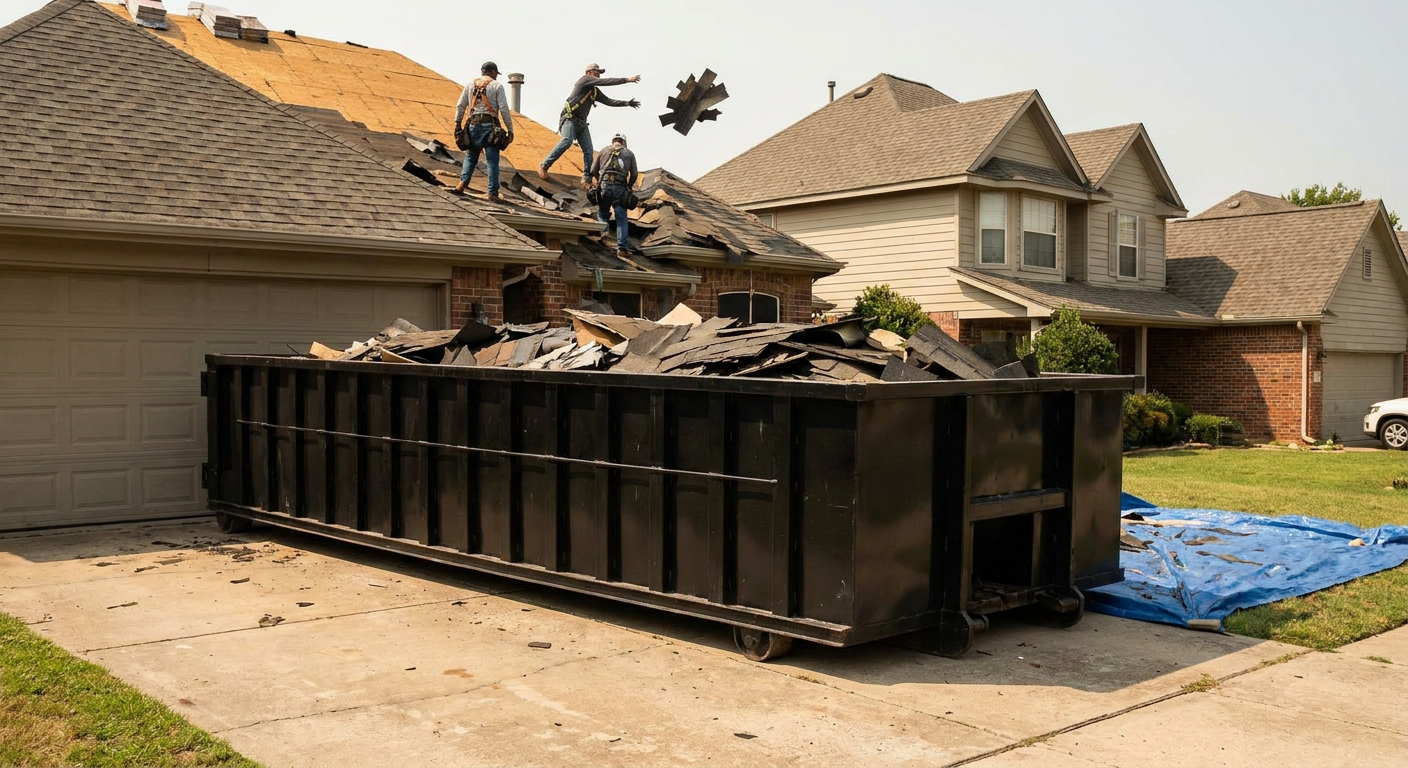 Matte-black roofing roll-off dumpster placed directly on a Rialto residential concrete driveway, a tear-off crew on a two-story asphalt-shingle roof tossing shingle bundles into the low-walled container, bright daylight, documentary 35mm perspective.