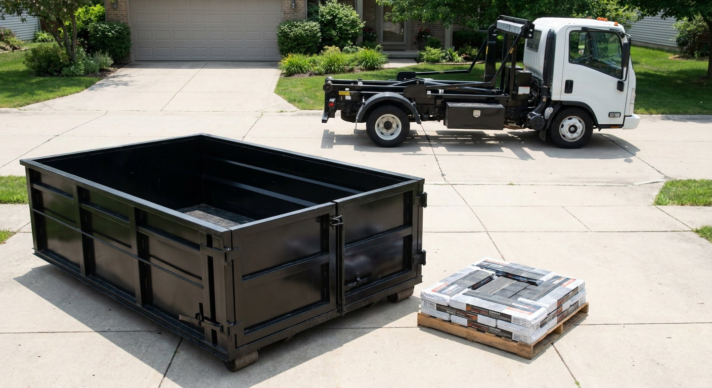 Matte-black 15-yard roofing roll-off dumpster with reinforced low side walls sitting directly on a Rialto residential concrete driveway, three-tab asphalt shingle bundles stacked nearby, an unmarked white hauler truck partially visible at the edge of the frame.