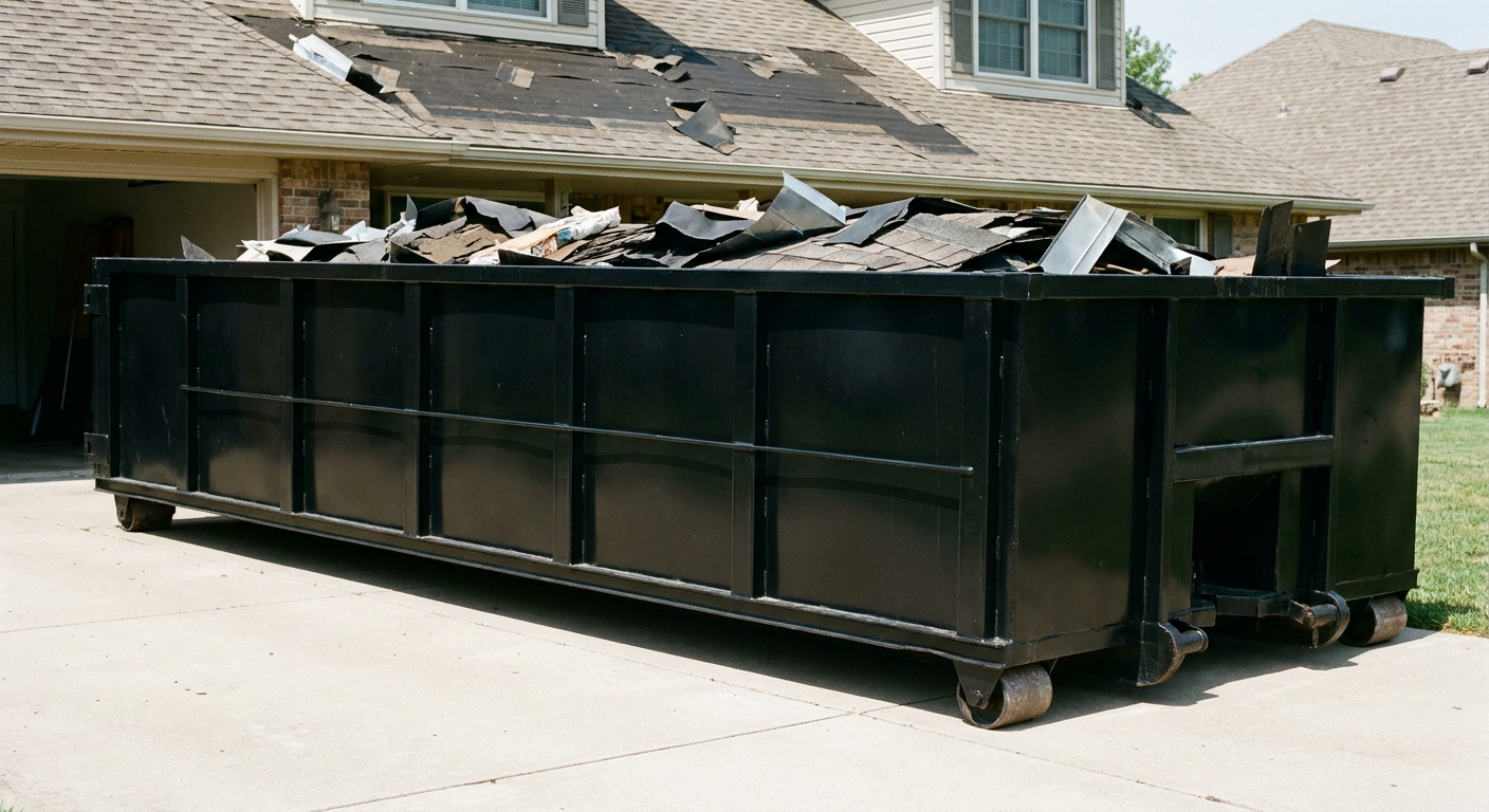 Matte-black 20-yard roofing roll-off dumpster with steel ribbed sides and swinging rear door, sitting directly on the concrete driveway of a two-story Rialto home, asphalt shingle debris being loaded over the low wall, clean documentary lighting.