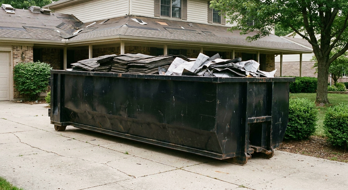 Matte-black 30-yard roofing roll-off dumpster sitting directly on a Rialto concrete driveway, taller ribbed steel side panels, mixed tear-off debris of asphalt shingles and underlayment inside, professional documentary daylight.