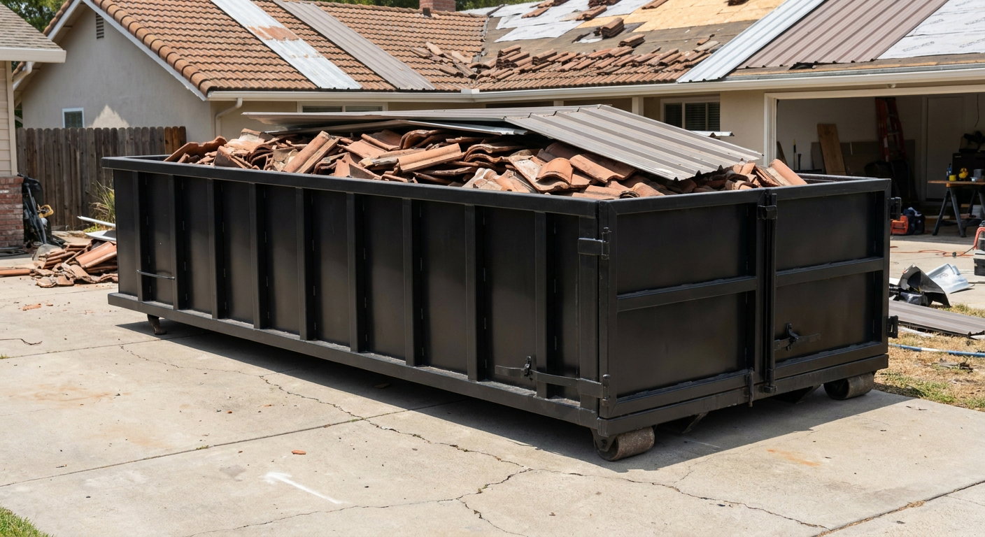 Matte-black low-wall heavy-debris roofing roll-off dumpster sitting directly on a Rialto concrete driveway, broken concrete clay roof tiles and metal panel sections loaded inside, reinforced ribbed steel side walls visible, bright outdoor daylight.
