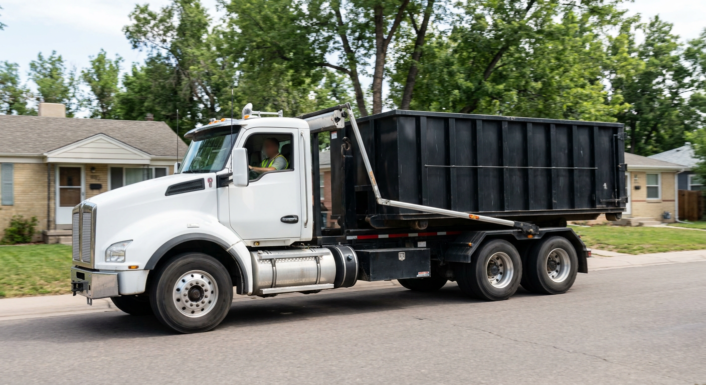 A wide documentary shot of a matte-black roll-off delivery truck pulling onto a quiet Rialto residential street at mid-morning, with neighborhood rooftops and tree-lined blocks visible behind, showing the metro coverage footprint.