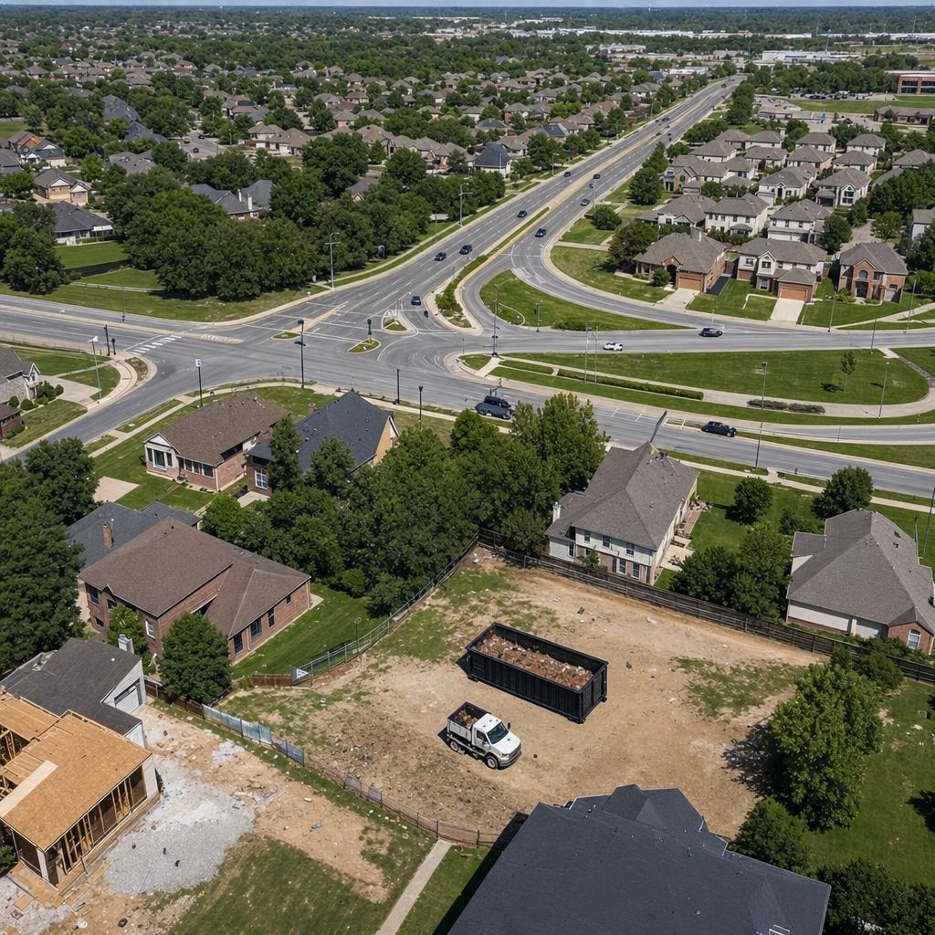 An overhead documentary view of the Rialto metro area at midday, showing the spread of neighborhoods, arterial roads, and the dispatch radius from a central yard — clean daylight, organized geographic layout.