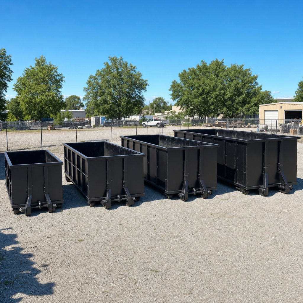 A clean lineup of matte-black roll-off dumpsters in 10, 20, 30, and 40-yard sizes staged on a sunlit gravel yard in Rialto, showing the size progression from compact to commercial-scale containers.