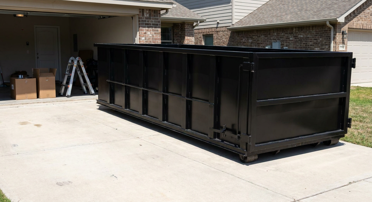 A matte-black 10-yard roll-off dumpster sitting directly on a residential Rialto concrete driveway, mid-day sunlight, clean and ready for a garage cleanout.