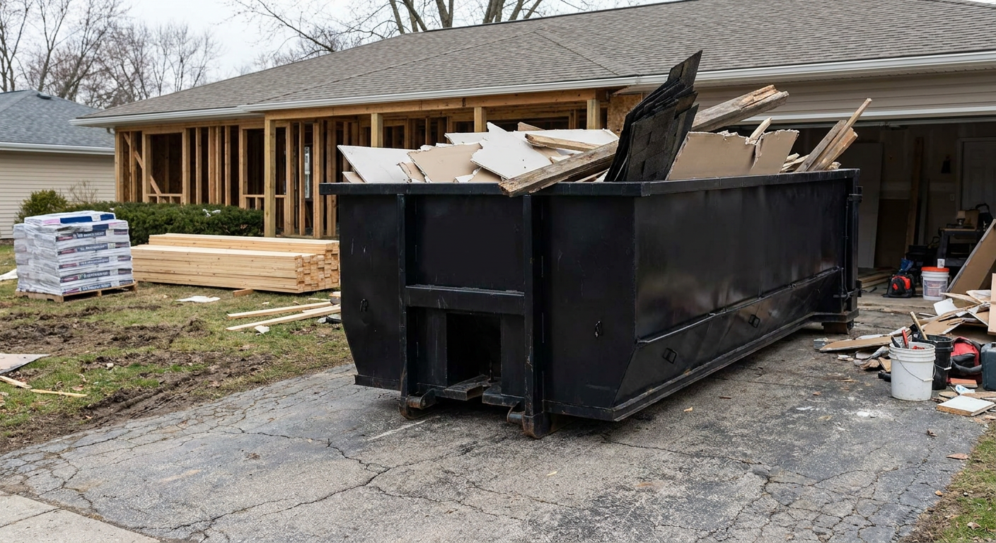 A matte-black 20-yard roll-off dumpster placed alongside a mid-renovation Rialto home directly on the asphalt driveway, with framing materials and torn-off shingles staged neatly nearby.