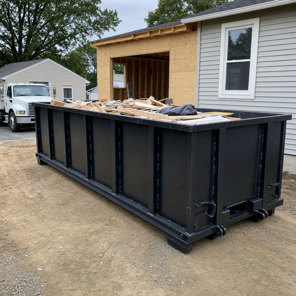 A matte-black 30-yard roll-off dumpster positioned at a Rialto residential addition jobsite, with framing lumber and drywall scraps loaded through the open swinging rear doors.