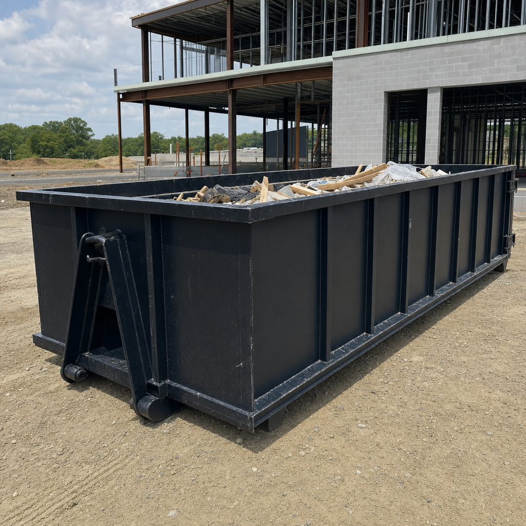 A matte-black 40-yard roll-off dumpster staged on a large Rialto commercial construction lot, with a hooklift delivery truck parked alongside under bright midday sky.