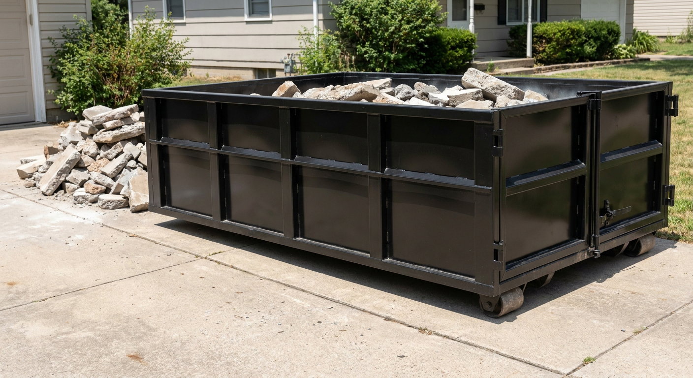 A matte-black low-side heavy-debris roll-off dumpster placed directly on a Rialto concrete driveway, with broken concrete chunks neatly stacked beside it under clean daylight.